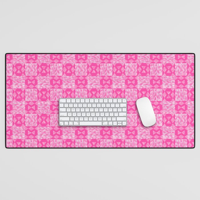 Bright organic stripes check with diamonds - hot pink and white Desk Mat