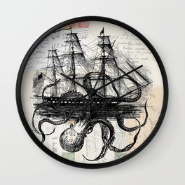 Octopus Kraken Attacking Ship on Old Postcards Wall Clock