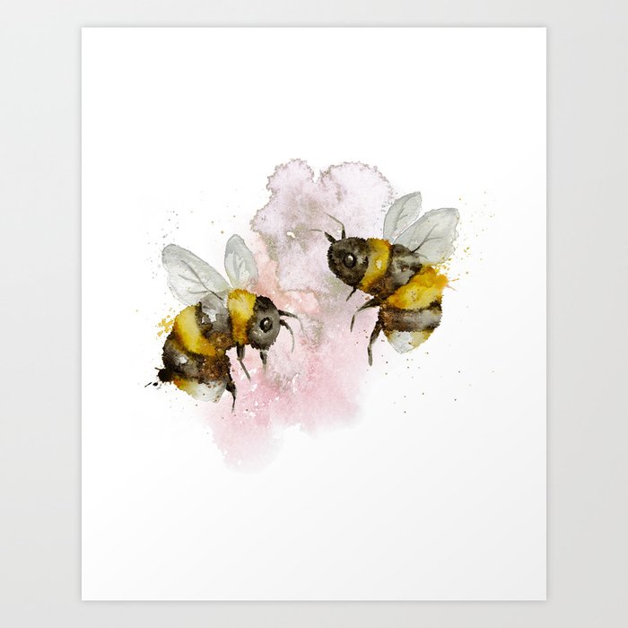Watercolour Bees Cute Nursery Wall Art Print Illustration Art Print