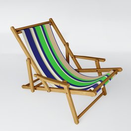 [ Thumbnail: Midnight Blue, Lime Green, Tan & Beige Colored Stripes/Lines Pattern Sling Chair ]