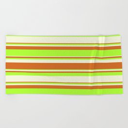 [ Thumbnail: Beige, Chocolate & Light Green Colored Lined/Striped Pattern Beach Towel ]