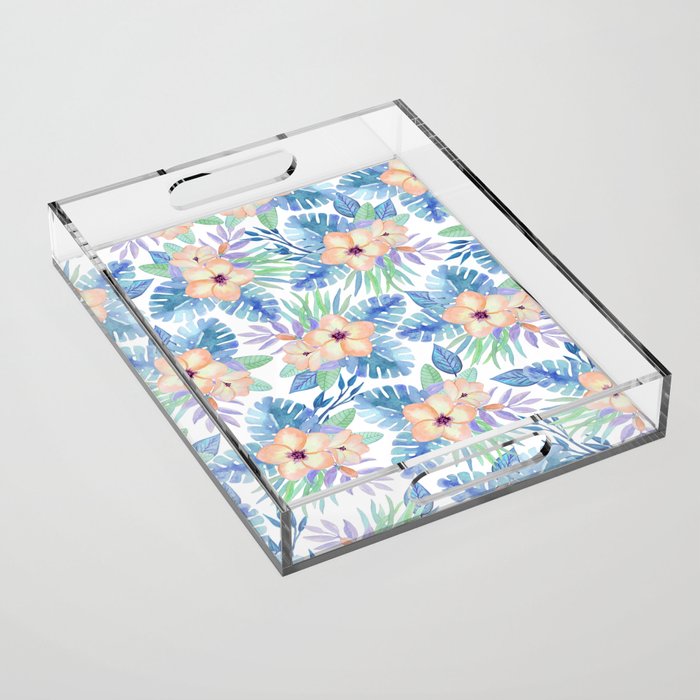 Tropical coral lilac lavender blue watercolor floral Acrylic Tray