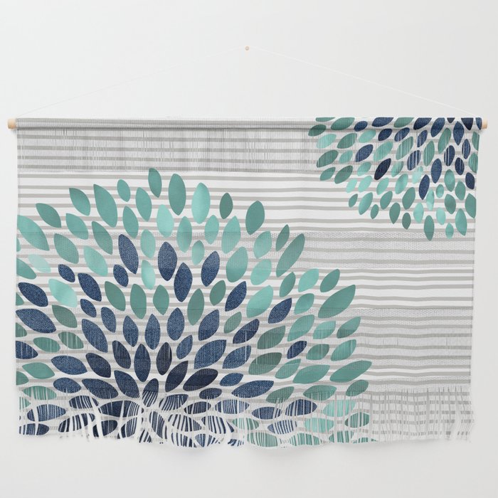 Blooms and Stripes, Aqua and Navy Wall Hanging