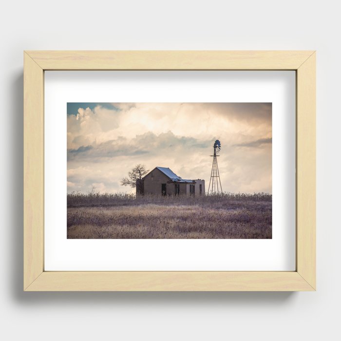 Test of Time - Abandoned House and Windmill in Front of Storm Clouds on Oklahoma Prairie Recessed Framed Print