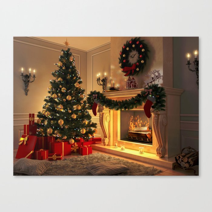 New Interior With Christmas Tree Presents And Fireplace Postcard Canvas Print By Richmanstudio Society6