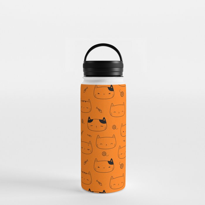 Orange and Black Doodle Kitten Faces Pattern Water Bottle