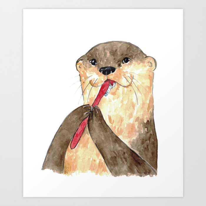 Otter brushing teeth bath watercolor Art Print