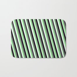 [ Thumbnail: Dim Gray, Light Green, Mint Cream & Black Colored Stripes Pattern Bath Mat ]
