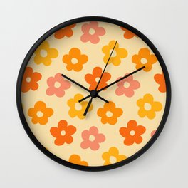Retro 60s 70s Flowers Pattern Orange #pattern #vintage  Wall Clock