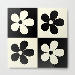 Black & Beige - Floral Checkerboard Metal Print