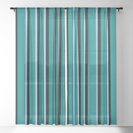 [ Thumbnail: Sky Blue, Teal, and Black Colored Striped/Lined Pattern Sheer Curtain ]