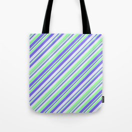 [ Thumbnail: Green, Medium Slate Blue, and Lavender Colored Lines Pattern Tote Bag ]