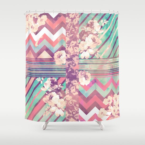 Retro Pink Turquoise Floral Stripe Chevron Pattern Shower