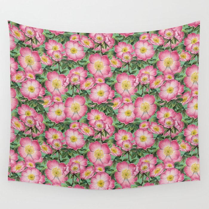 Wild roses pink - green background Wall Tapestry