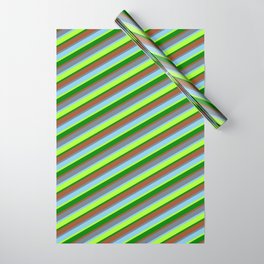 [ Thumbnail: Slate Gray, Sky Blue, Light Green, Green, and Sienna Colored Stripes Pattern Wrapping Paper ]