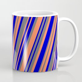 [ Thumbnail: Blue, Dim Gray, and Coral Colored Lines Pattern Coffee Mug ]