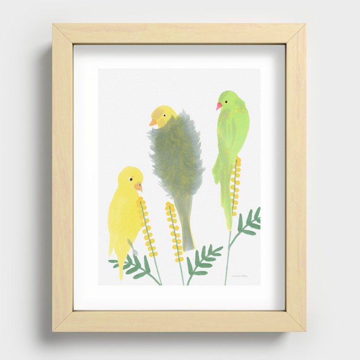 Fluffy Birds on Flower - Yellow and Green Recessed Framed Print