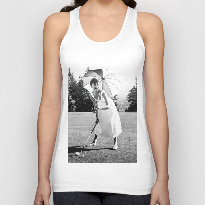 Audrey Hepburn Playing Golf, Black and White Vintage Art Tank Top