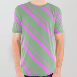[ Thumbnail: Violet & Dark Sea Green Colored Striped/Lined Pattern All Over Graphic Tee ]