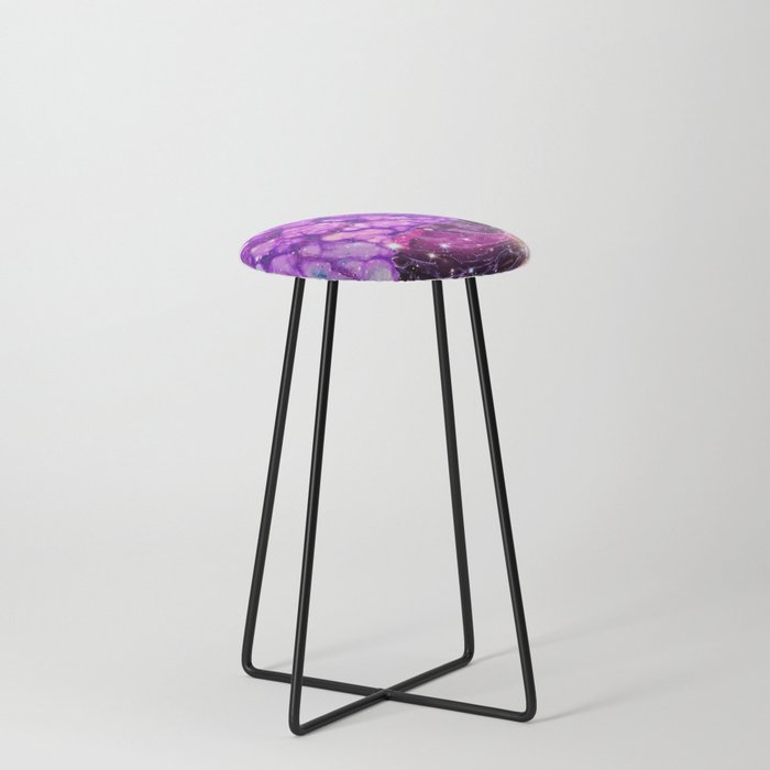 Neon marble space #3: purple, gold, stars Counter Stool