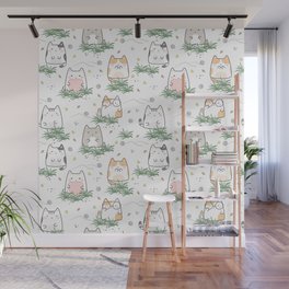 Kawaii Cats In Nature Pattern Wall Mural