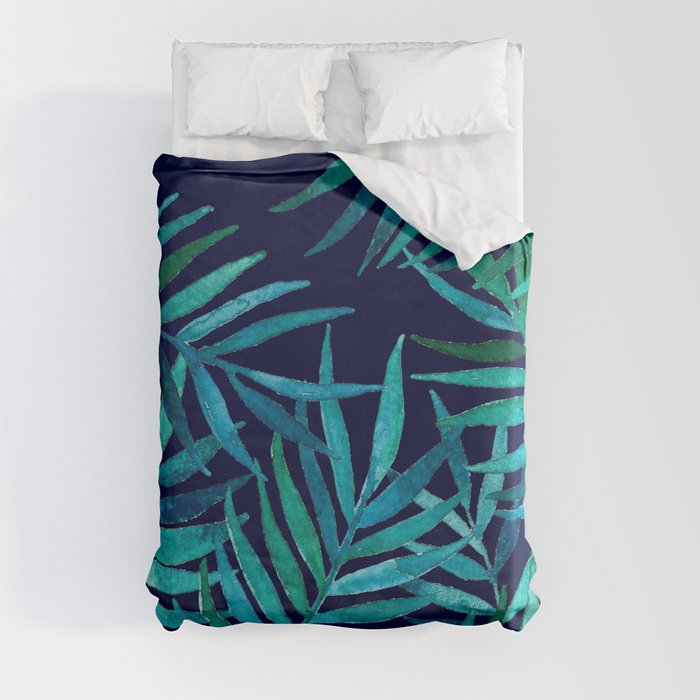 Watercolor Palm Leaves on Navy Duvet Cover
