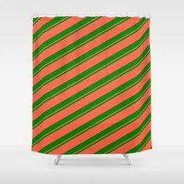 [ Thumbnail: Green & Red Colored Pattern of Stripes Shower Curtain ]
