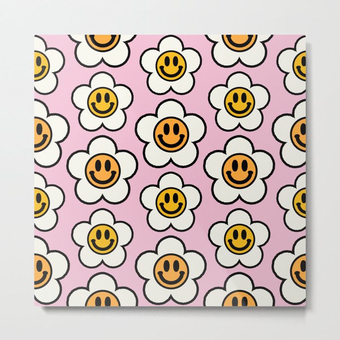 Bold And Funky Flower Smileys Pattern (Pink BG) Metal Print