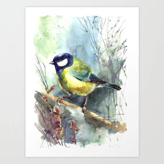 Watercolor aquarelle titmouse bird Art Print