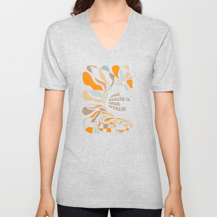 YOUR HEALTH IS YOUR WEALTH with Liquid retro abstract pattern in orange and blue V Neck T Shirt