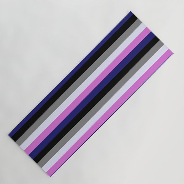 Colorful Orchid, Midnight Blue, Black, Grey, and Lavender Colored Pattern of Stripes Yoga Mat
