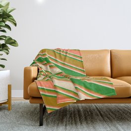 [ Thumbnail: Coral, Tan, Forest Green, and Dark Goldenrod Colored Stripes/Lines Pattern Throw Blanket ]