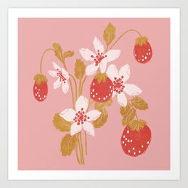 Strawberry Bunch 3 Art Print | Curated, Summer, Botanical, Floral, Meadow, Pink, Drawing, Berry, Wildflower, Strawberrybunch 