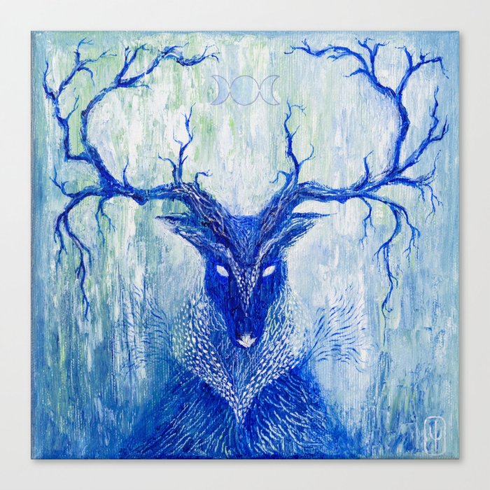Cernunnos Wicca Pagan Celtic Old God, Whimsical blue deer painting, Forest wild animal shaman spirit Canvas Print