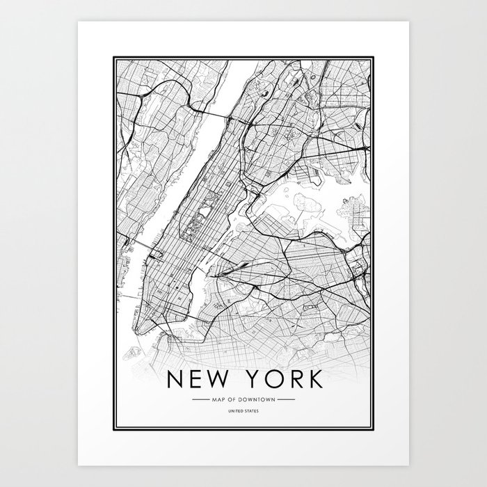 New York City Map United States White And Black Art Print By