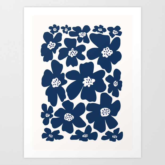 Retro Daisy - Blue Navy and white Art Print