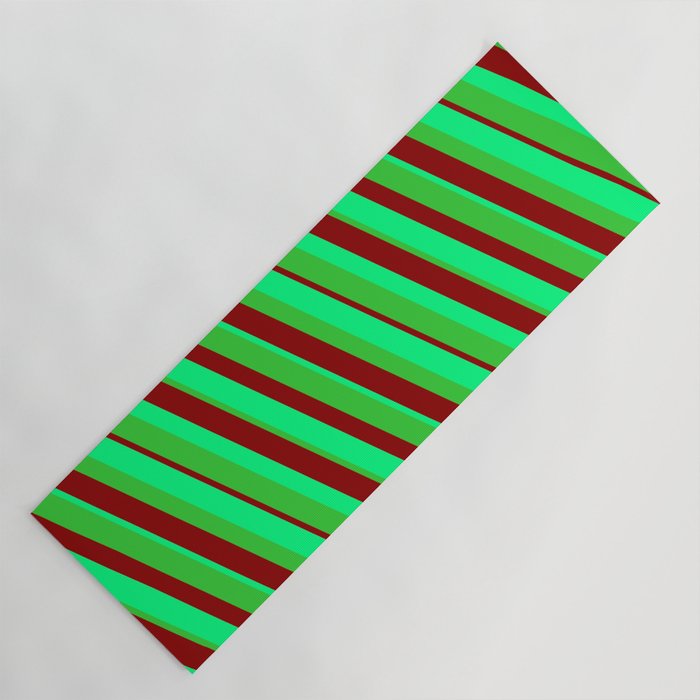 Green, Lime Green & Dark Red Colored Stripes/Lines Pattern Yoga Mat