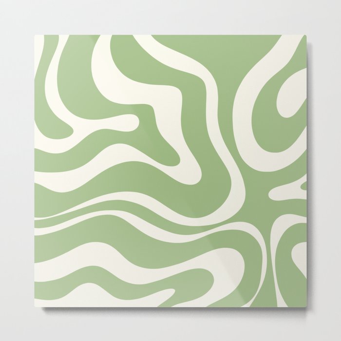 Modern Liquid Swirl Abstract Pattern in Light Sage Green and Cream Metal Print