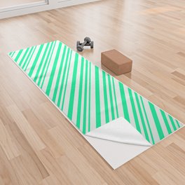 [ Thumbnail: Green and Mint Cream Colored Striped/Lined Pattern Yoga Towel ]