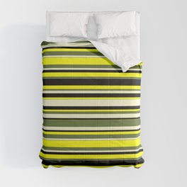 [ Thumbnail: Yellow, Dark Olive Green, Light Yellow, and Black Colored Lines Pattern Comforter ]