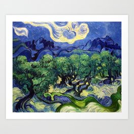 Starry Night in the Alpine Mountains over Olive Tree grove landscape painting by Vincent Van Gogh Art Print
