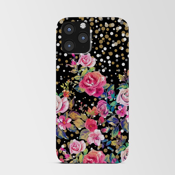 Modern watercolor spring floral and gold dots pattern iPhone Card Case