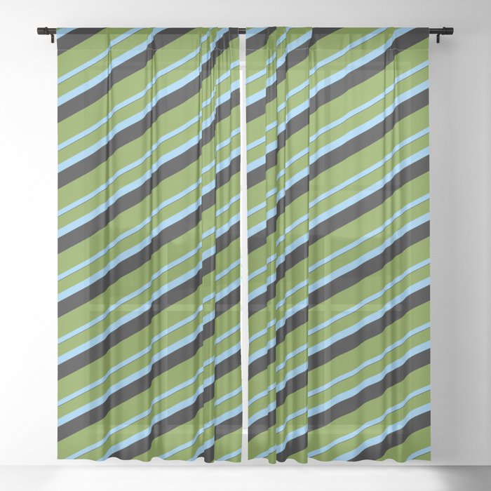 Green, Light Sky Blue, and Black Colored Lined/Striped Pattern Sheer Curtain