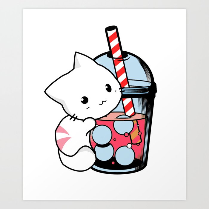 Kawaii Boba Cute Anime Cat Drinking Tea Kawaii Art Print by MagicDesigns |  Society6