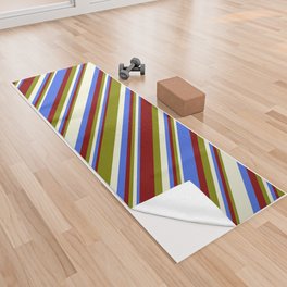 [ Thumbnail: Green, Maroon, Royal Blue, and Beige Colored Stripes/Lines Pattern Yoga Towel ]