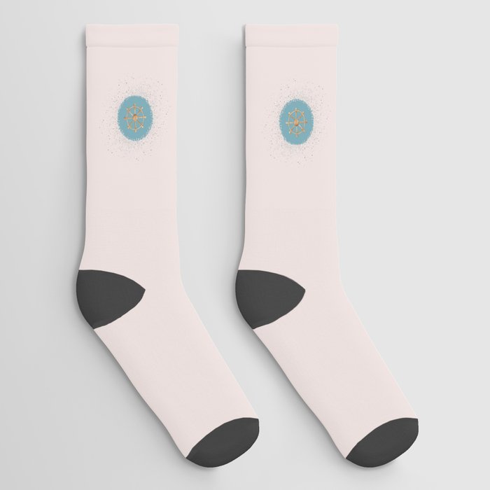 Steering Ship and Blue Circle on Pastel Pink Socks