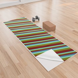 [ Thumbnail: Blue, Aquamarine, Green & Maroon Colored Stripes Pattern Yoga Towel ]