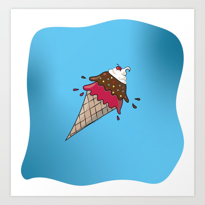 Yummy Ice Cream Cone Pattern on Striped Background Art Print