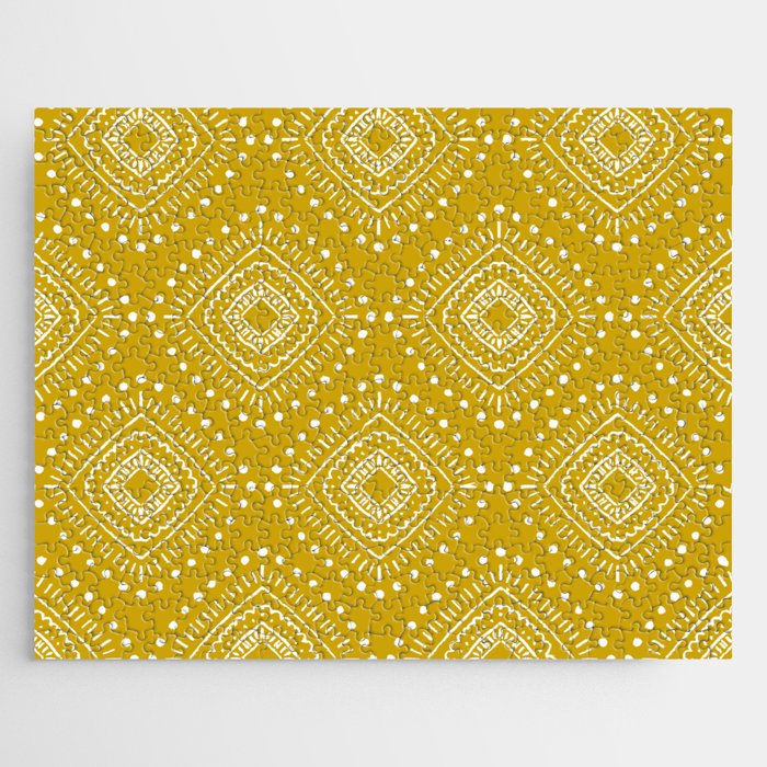 Ethnic Boho Tribal Grid Gold White Pattern Jigsaw Puzzle