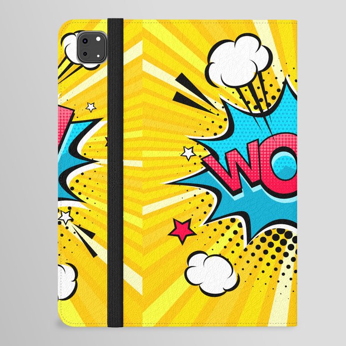 Comic speech bubble with expression text Wow!, stars and clouds. bright dynamic cartoon illustration in retro pop art style on halftone background iPad Folio Case